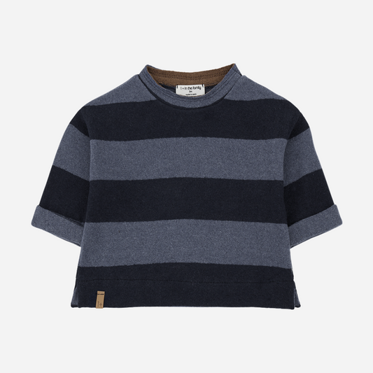 Sold at Bombon shop, designed by 1+ in the family — striped navy and slate blue short-sleeve sweater with rolled cuffs and contrast ribbed neckline