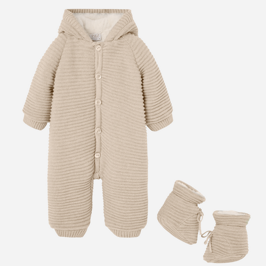 Sold at Bombon shop, designed by Paz Rodriguez, beige Koala knit jumpsuit with hood and matching booties