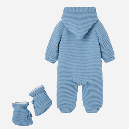 Sold at Bombon shop, designed by Paz Rodriguez, blue Koala knit jumpsuit with hood and matching bootie