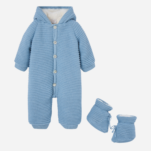 Sold at Bombon shop, designed by Paz Rodriguez, blue Koala knit jumpsuit with hood and matching bootie