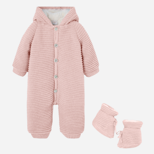 Sold at Bombon shop, designed by Paz Rodriguez, pink Koala knit jumpsuit with hood and matching booties