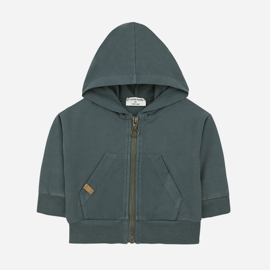 Sold at Bombon shop, designed by 1+ in the family brand, this blue hooded jacket for baby boys and toddlers is ideal for spring and summer. front view