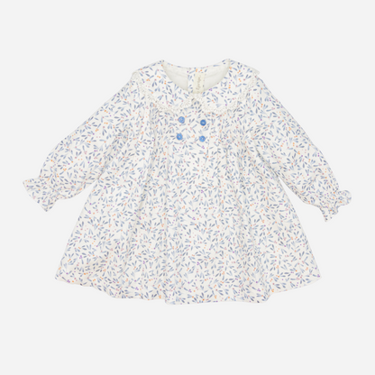 Sold at Bombon shop, designed by Fina Ejerique, a white baby dress with blue, lilac, and peach leaf print, lace-trim collar, blue buttons, and long sleeves. front
