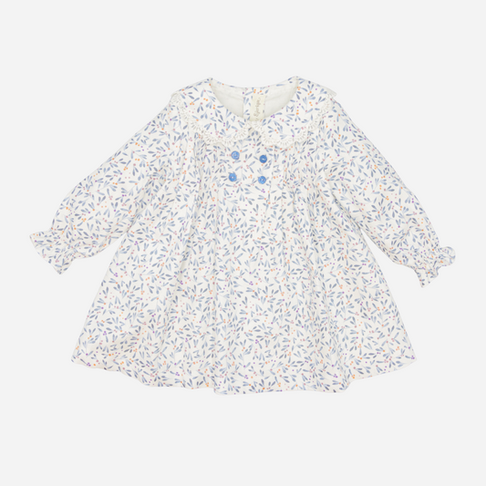 Sold at Bombon shop, designed by Fina Ejerique, a white baby dress with blue, lilac, and peach leaf print, lace-trim collar, blue buttons, and long sleeves. front