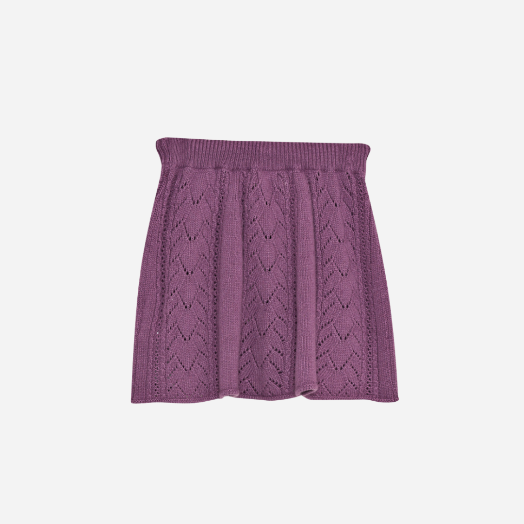 Sold at Bombon shop, this girls’ knit skirt by The New Society comes in a lilac tone with a delicate pointelle design and an adjustable drawstring waistband for a cozy and elegant everyday outfit. back