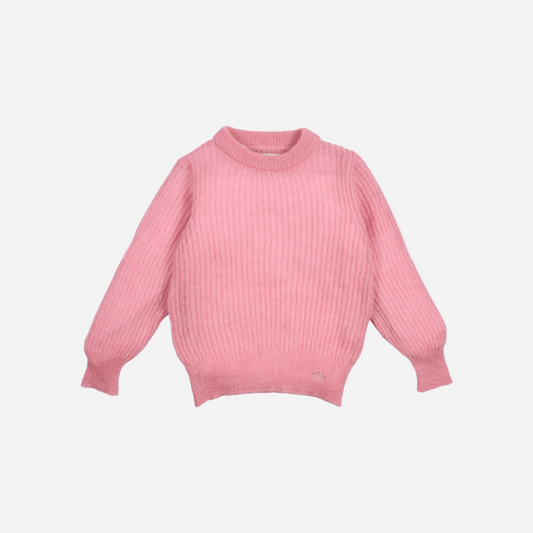 Sold at Bombon shop, this girls’ jumper by The New Society comes in a soft pink ribbed knit with a classic crew neckline and relaxed fit—perfect for cozy, everyday layering with a sweet touch. front