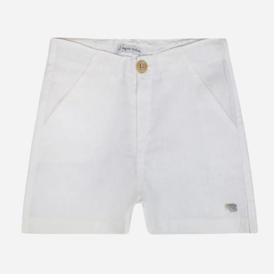 Sold at Bombon shop, desined by Al Agua Patos brand, this white linen bermuda short for baby boys and toddlers is perfect to complete any outfit for spring and summer. Front view