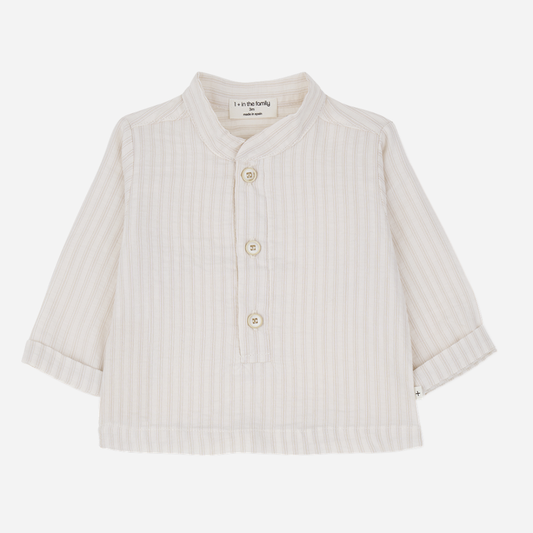 Sold at Bombon Shop, designed by 1+ in the family, beige baby shirt with textured vertical stripe cotton fabric and button placket