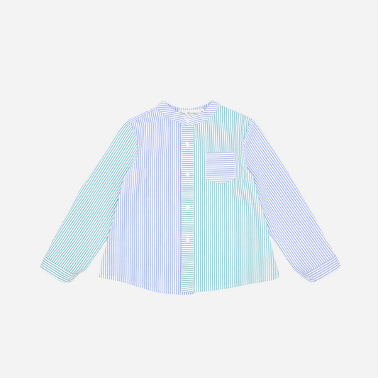 Sold at Bombon shop, designed by Fina Ejerique brand, green and blue striped shirt for babies and toddlers is perfect for spring and summer. Front view 