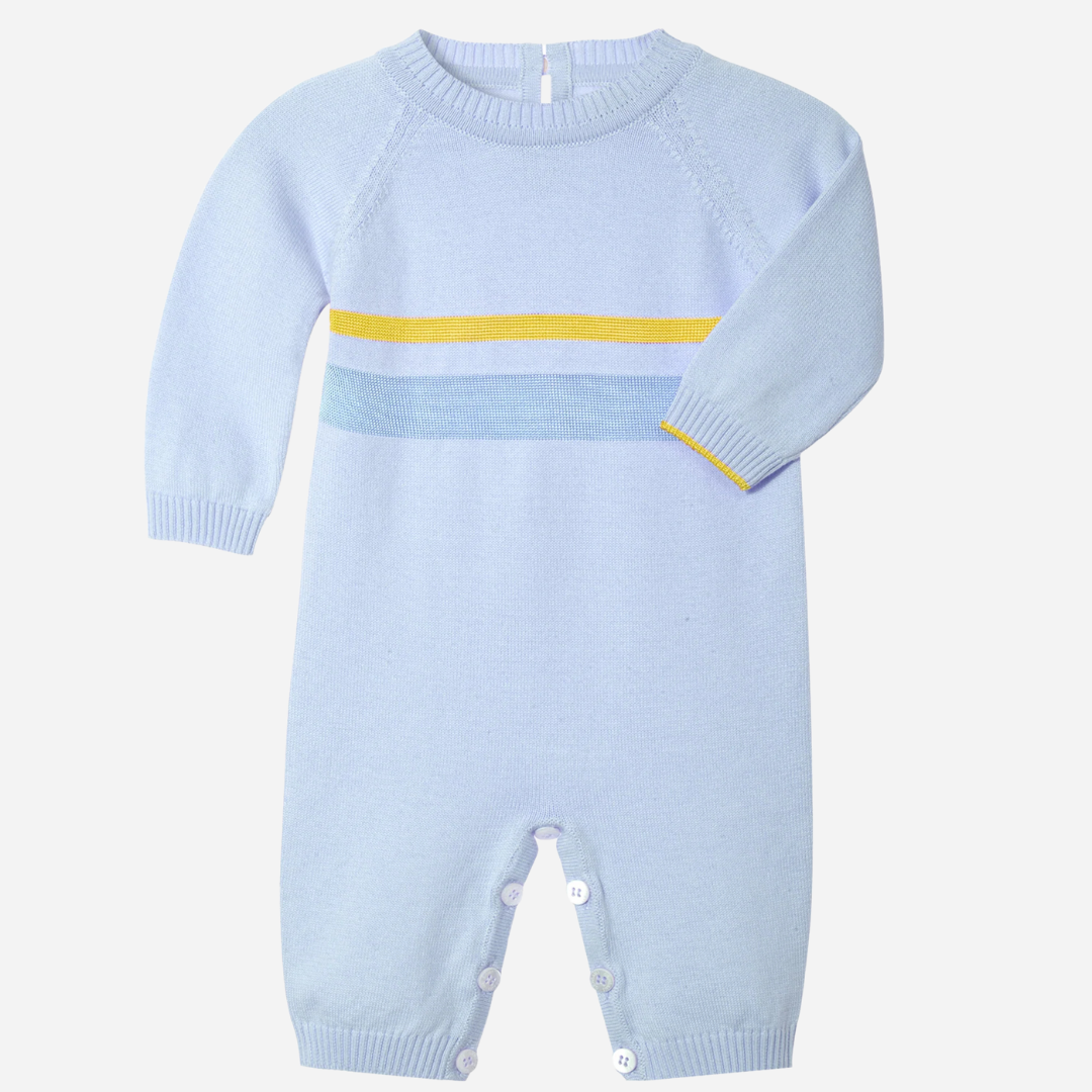 Sold at Bombon and designed by Gensami, a blue newborn layette set including a knit jumpsuit, hat, socks, and matching blanket with yellow stripe detailing.