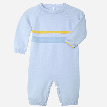 Sold at Bombon and designed by Gensami, a blue newborn layette set including a knit jumpsuit, hat, socks, and matching blanket with yellow stripe detailing.