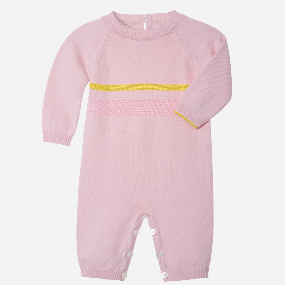 Sold at Bombon and designed by Gensami, a pink cotton knit baby jumpsuit with tonal stripes and a yellow stripe across the chest