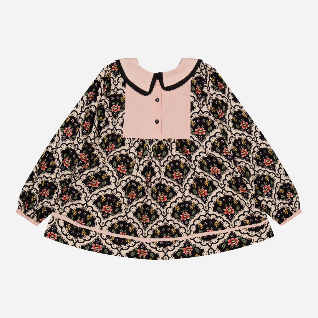 sold at Bombon shop, designed by Bachaa, Blouse, 100% ECOVERO® Viscose, Block Print, Hand embroidered and lace trimmed collar, Contrasting tape, Gathers at the front and back, Long elasticated sleeves, Contrasting yoke and buttons at the back. back view
