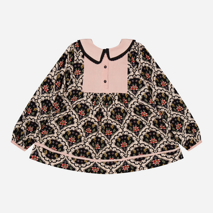 sold at Bombon shop, designed by Bachaa, Blouse, 100% ECOVERO® Viscose, Block Print, Hand embroidered and lace trimmed collar, Contrasting tape, Gathers at the front and back, Long elasticated sleeves, Contrasting yoke and buttons at the back. back view