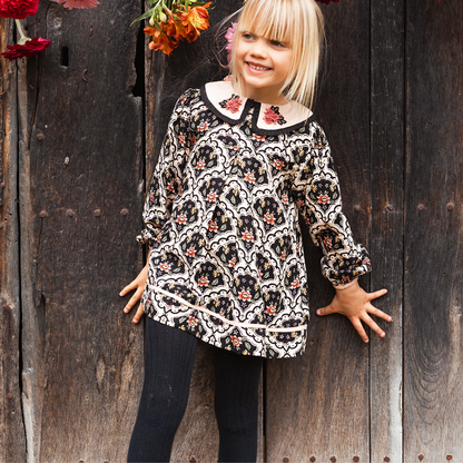 sold at Bombon shop, designed by Bachaa, Blouse, 100% ECOVERO® Viscose, Block Print, Hand embroidered and lace trimmed collar, Contrasting tape, Gathers at the front and back, Long elasticated sleeves, Contrasting yoke and buttons at the back. model view