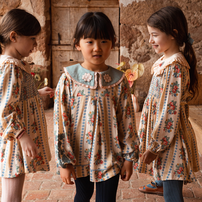sold at Bombon shop, designed by Bachaa Blouse, 100% ECOVERO® Viscose, Block Print, Hand embroidered and lace trimmed collar, Hand embroidery on the sleeves, Contrasting tape, Gathers at the front and back, Long elasticated sleeves, Contrasting buttons and yoke at the back. model view
