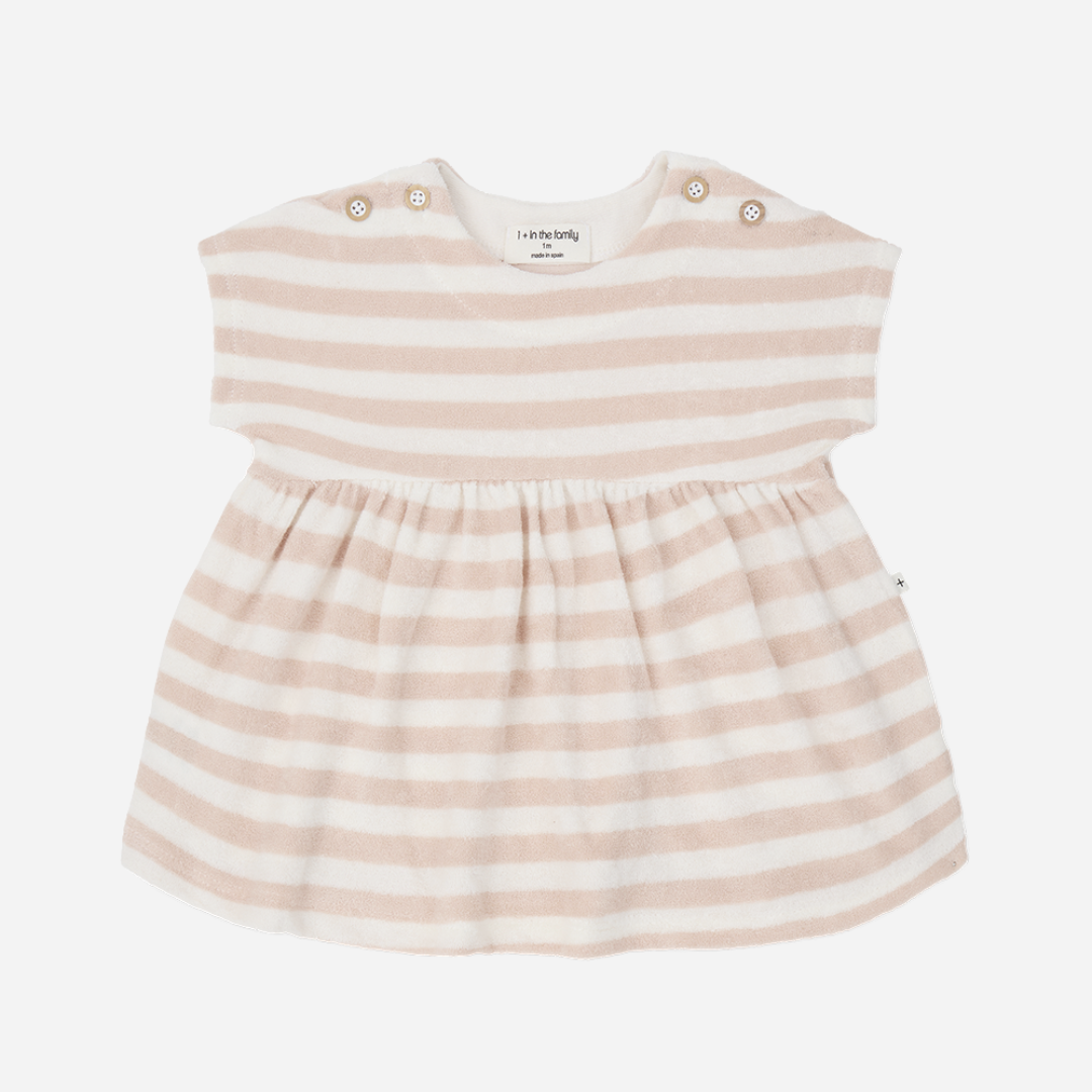 Sold at Bombon Shop, designed by 1+ in the family, blossom striped baby dress with softly gathered skirt and lightweight cotton fabric.