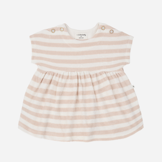 Sold at Bombon Shop, designed by 1+ in the family, blossom striped baby dress with softly gathered skirt and lightweight cotton fabric.