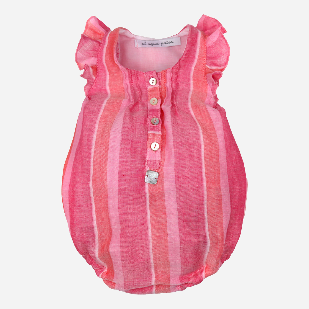 sold at bombon shop, designed by al agua patos brand, this madras print baby romper for girls is perfect for spring and summer. front view