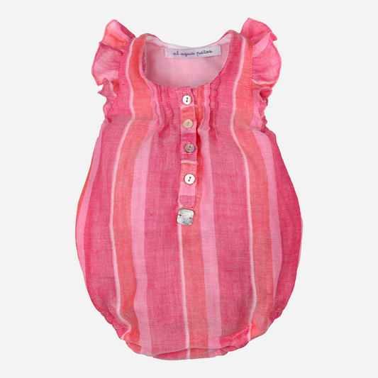 sold at bombon shop, designed by al agua patos brand, this madras print baby romper for girls is perfect for spring and summer. front view
