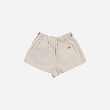 sold at Bombon, designed by The New Society natural denim kids shorts with floral embroidery in 100% BCI cotton elastic waist matching waistcoat set