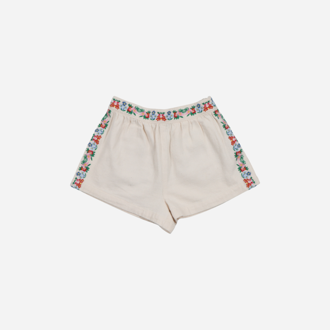 sold at Bombon, designed by The New Society natural denim kids shorts with floral embroidery in 100% BCI cotton elastic waist matching waistcoat set