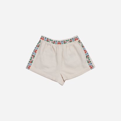 sold at Bombon, designed by The New Society natural denim kids shorts with floral embroidery in 100% BCI cotton elastic waist matching waistcoat set