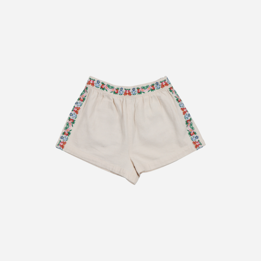 sold at Bombon, designed by The New Society natural denim kids shorts with floral embroidery in 100% BCI cotton elastic waist matching waistcoat set