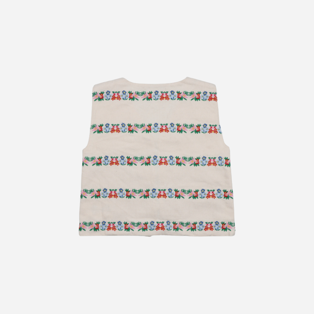 sold at Bombon, designed by The New Society natural denim kids waistcoat with multicolor floral embroidery in 100% BCI cotton matching shorts set