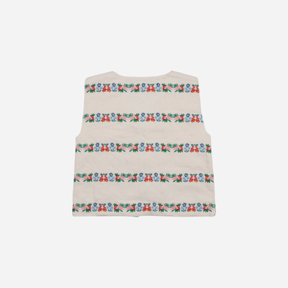 sold at Bombon, designed by The New Society natural denim kids waistcoat with multicolor floral embroidery in 100% BCI cotton matching shorts set