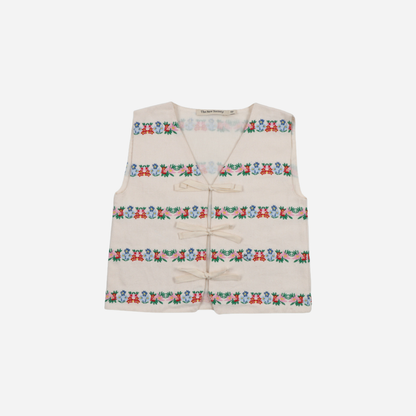 sold at Bombon, designed by The New Society natural denim kids waistcoat with multicolor floral embroidery in 100% BCI cotton matching shorts set