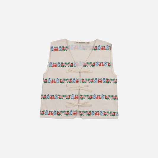 sold at Bombon, designed by The New Society natural denim kids waistcoat with multicolor floral embroidery in 100% BCI cotton matching shorts set