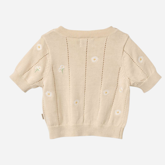 Sold at Bombon Shop, designed by Wheat, sandshell white flowers organic cotton short sleeve knit top with delicate floral knit detailing.