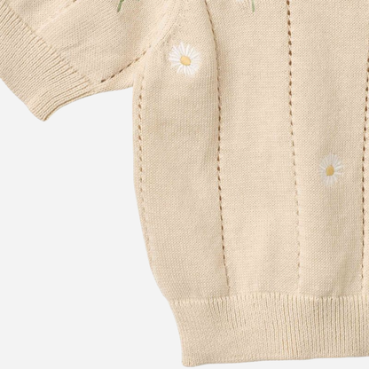 Sold at Bombon Shop, designed by Wheat, sandshell white flowers organic cotton short sleeve knit top with delicate floral knit detailing.