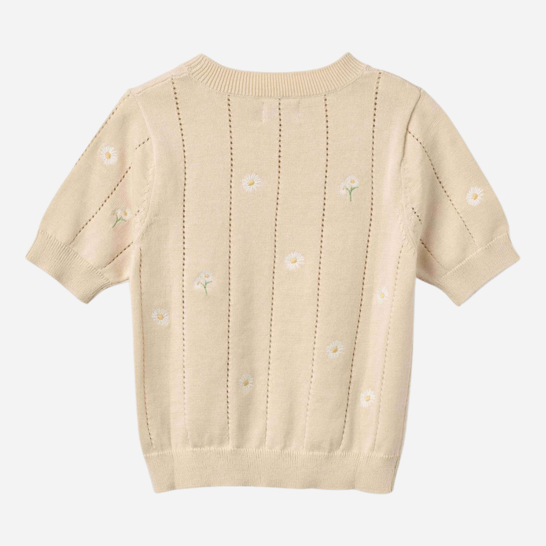 Sold at Bombon Shop, designed by Wheat, sandshell white flowers organic cotton short sleeve knit sweater with floral knit pattern and soft neutral tone.