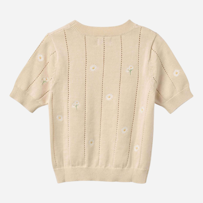 Sold at Bombon Shop, designed by Wheat, sandshell white flowers organic cotton short sleeve knit sweater with floral knit pattern and soft neutral tone.