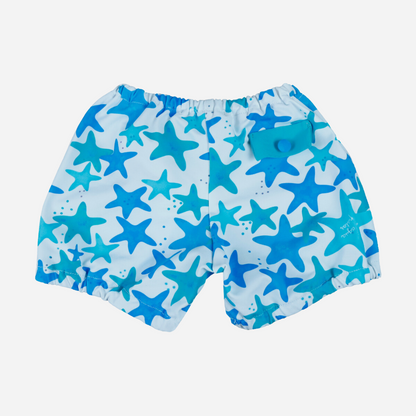 sold at Bombon shop, designed by Al Agua Patos Brand, this star print baby boy swim short in blue is perfect for summer. Back view