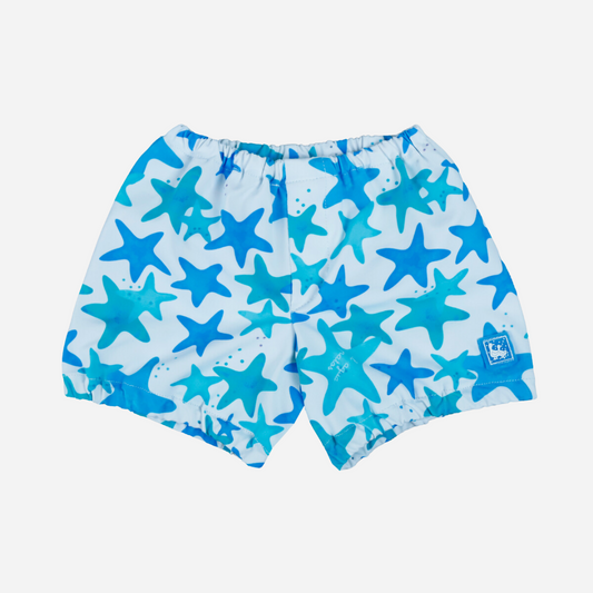 sold at Bombon shop, designed by Al Agua Patos Brand, this star print baby boy swim short in blue is perfect for summer. Front view