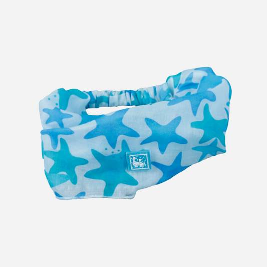 sold at Bombon shop, designed by Al Agua Patos Brand, this star print swimwear bandana in blue is perfect for summer. front view