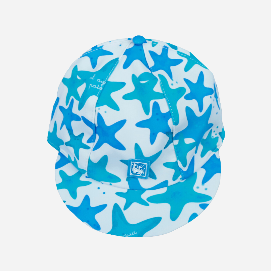 sold at Bombon shop, designed by Al Agua Patos Brand, this star print cap provides sun coverage and is waterproof. Perfect for summer. top view