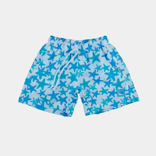 sold at Bombon shop, designed by Al Agua Patos Brand, this star print surf swim short for boys in blue is perfect for summer. front view