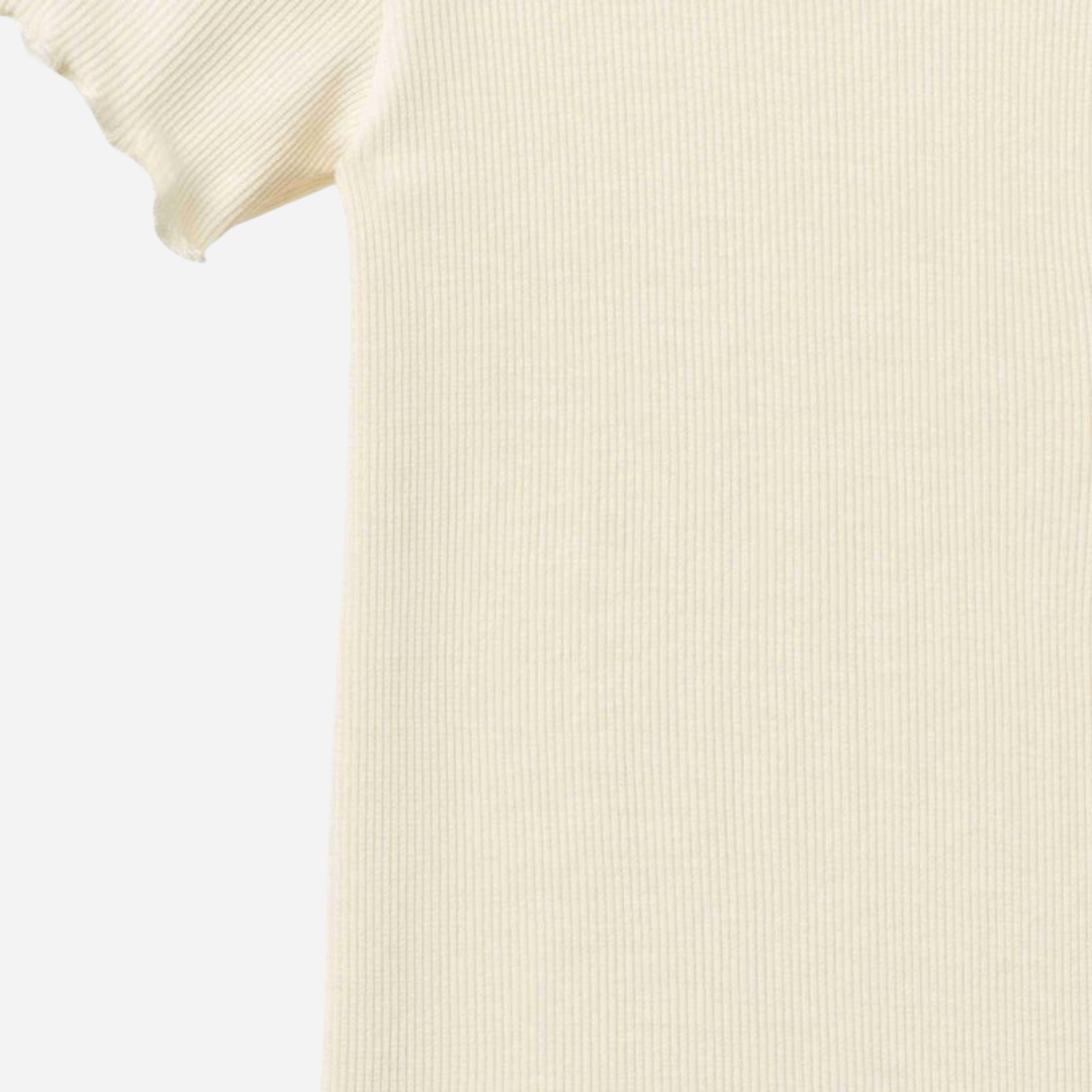 Sold at Bombon Shop, designed by Wheat, ivory organic cotton short sleeve baby bodysuit with a soft minimal silhouette.