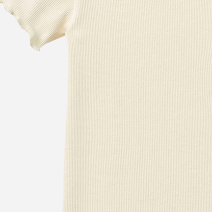 Sold at Bombon Shop, designed by Wheat, ivory organic cotton short sleeve baby bodysuit with a soft minimal silhouette.