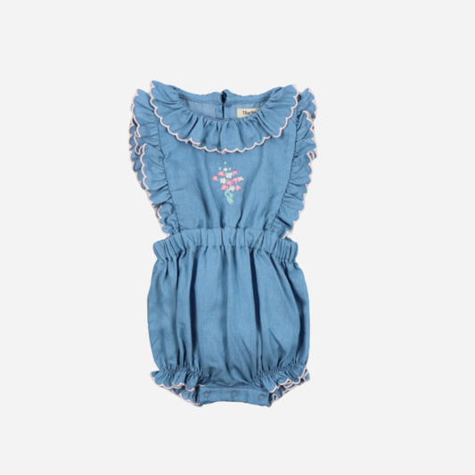 sold at Bombon, designed by The New Society light blue chambray baby romper with ruffle shoulders in 100% cotton soft breathable summer outfit