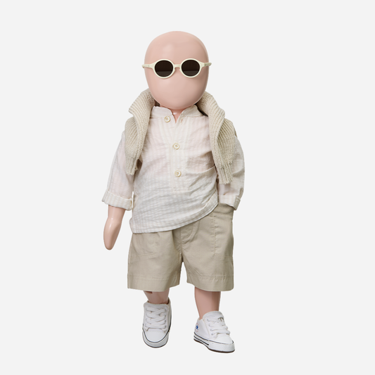 Sold at Bombon Shop, designed by 1+ in the family, beige baby shirt with textured vertical stripe cotton fabric and button placket