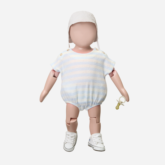 Sold at Bombon Shop, designed by 1+ in the family, misty blue striped baby romper with shoulder button detail and soft cotton fabric.