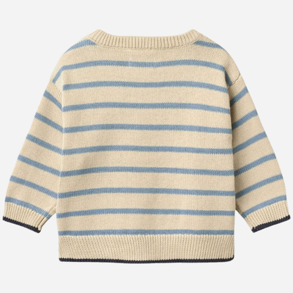 Sold at Bombon Shop, designed by Wheat, faded denim stripe organic cotton knit pullover with soft blue and neutral horizontal stripes.