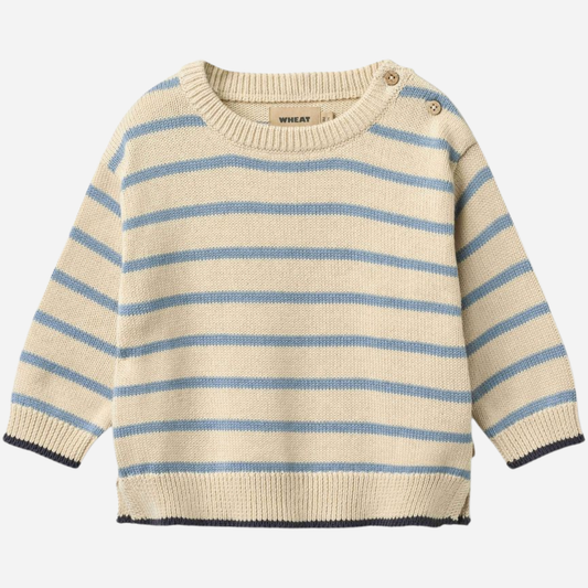 Sold at Bombon Shop, designed by Wheat, faded denim stripe organic cotton knit pullover with soft blue and neutral horizontal stripes.