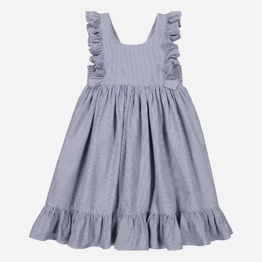 Sold at Bombon shop, designed by Mar Mar Copenhagen brand, this thin blue stripe dress for baby girls and toddlers is perfect for spring and summer. front view