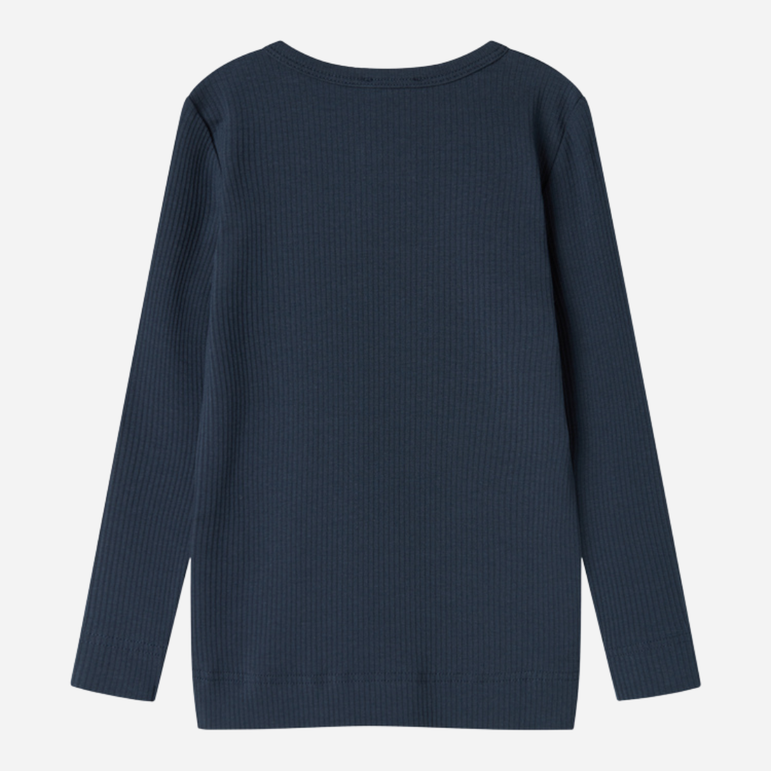 Sold at Bombon shop, designed by MarMar Copenhagen — navy ribbed organic cotton long-sleeve baby top with buttoned neckline, part of a matching set.
